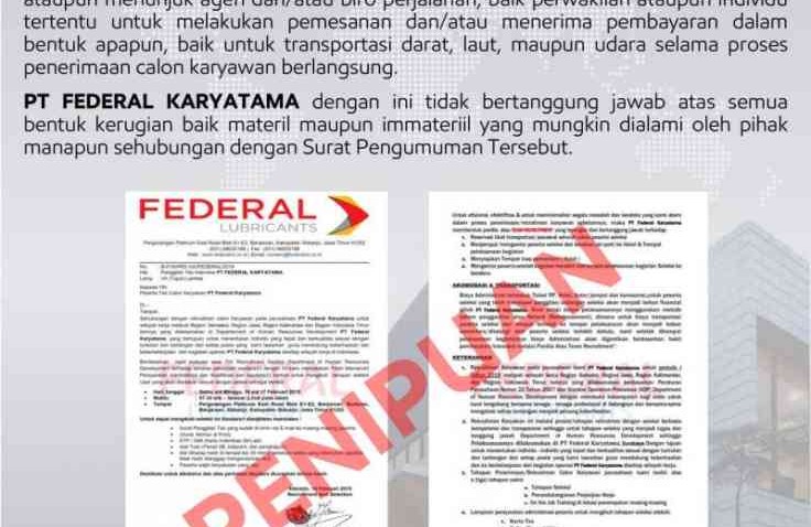 Waspada Penipuan Penerimaan Karyawan PT Federal Karyatama